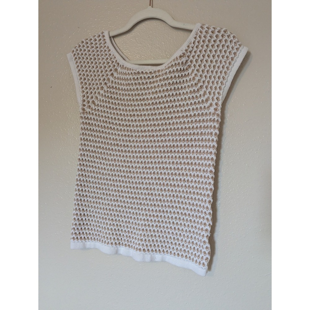 Ann Taylor Honeycomb Knit Scoop Neck Cap Sleeve Sweater Vest Tan White Medium